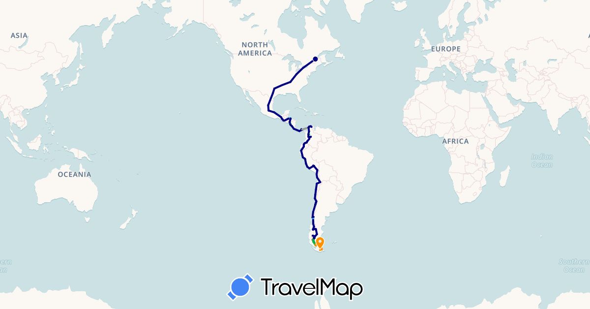 TravelMap itinerary: driving, bus, plane, hiking, boat, hitchhiking in Argentina, Canada, Chile, Colombia, Costa Rica, Ecuador, Guatemala, Honduras, Mexico, Nicaragua, Panama, Peru, United States (North America, South America)